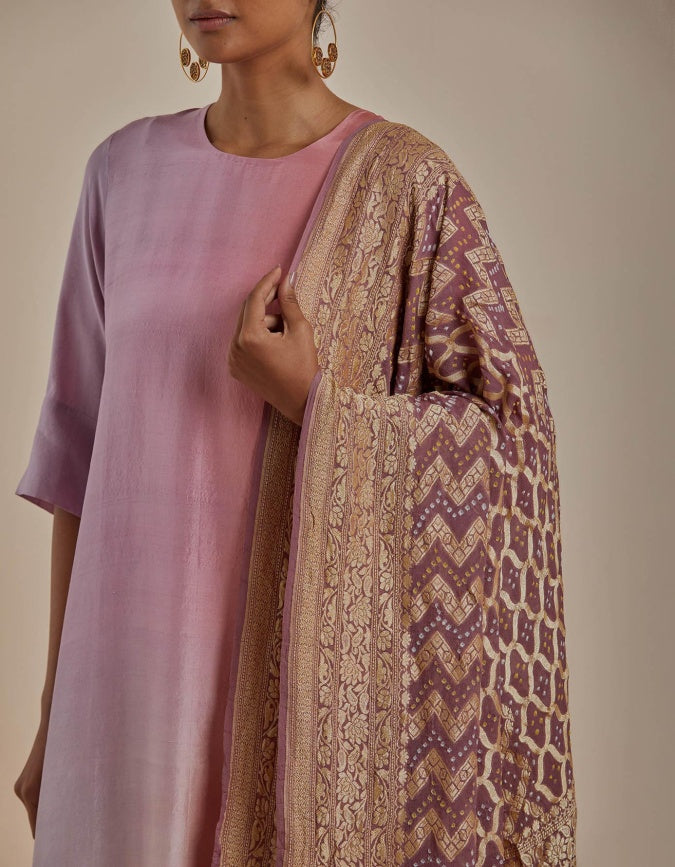 Grey Peach Mauve Ombre Kurta with heavy Banarasi Bandhej Dupatta
