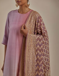 Grey Peach Mauve Ombre Kurta with heavy Banarasi Bandhej Dupatta