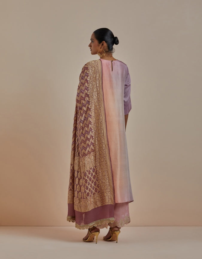 Grey Peach Mauve Ombre Kurta with heavy Banarasi Bandhej Dupatta