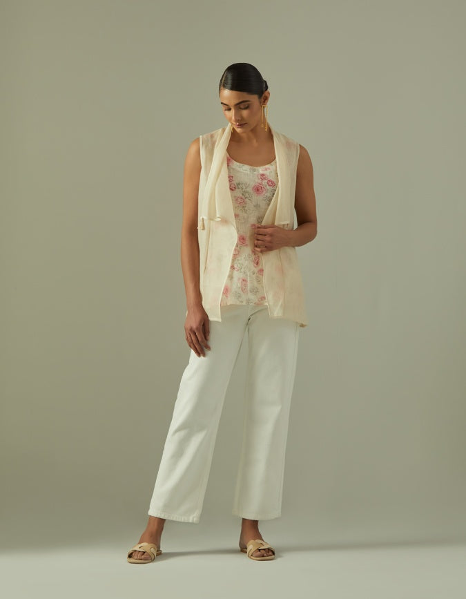 Sleeveless Linen Silk Cape with Silk Printed Inner (2 pc)
