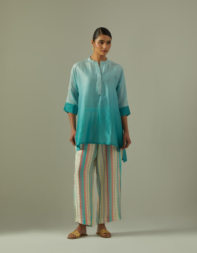Powder Blue Chanderi dip dyed coord set with stripped pants (2 pc)