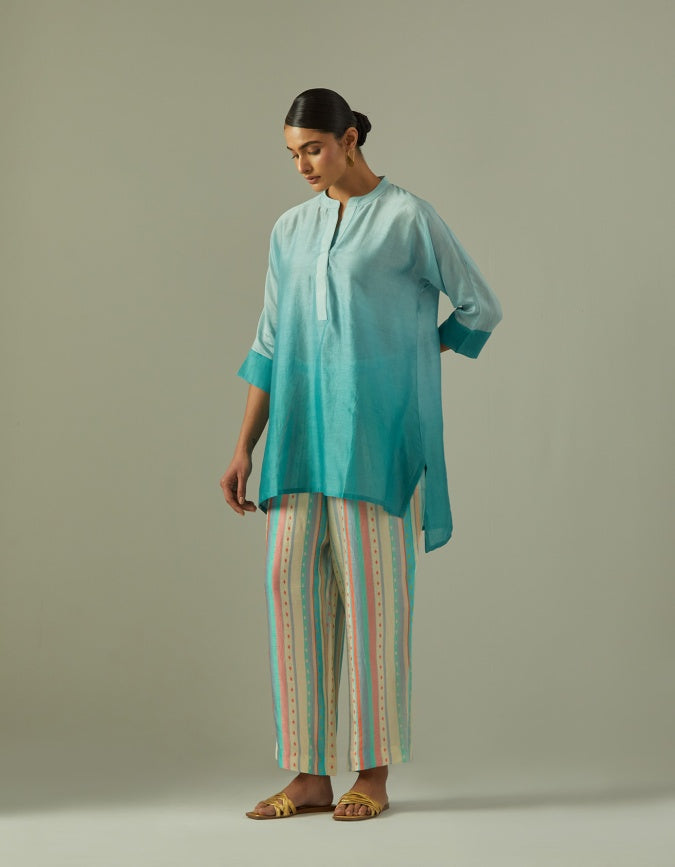 Powder Blue Chanderi dip dyed coord set with stripped pants (2 pc)