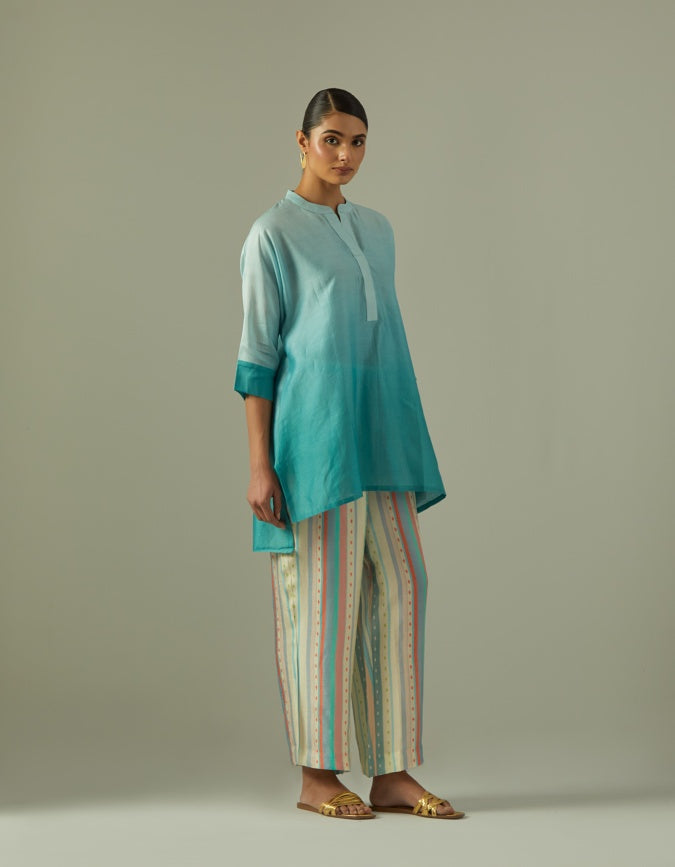Powder Blue Chanderi dip dyed coord set with stripped pants (2 pc)