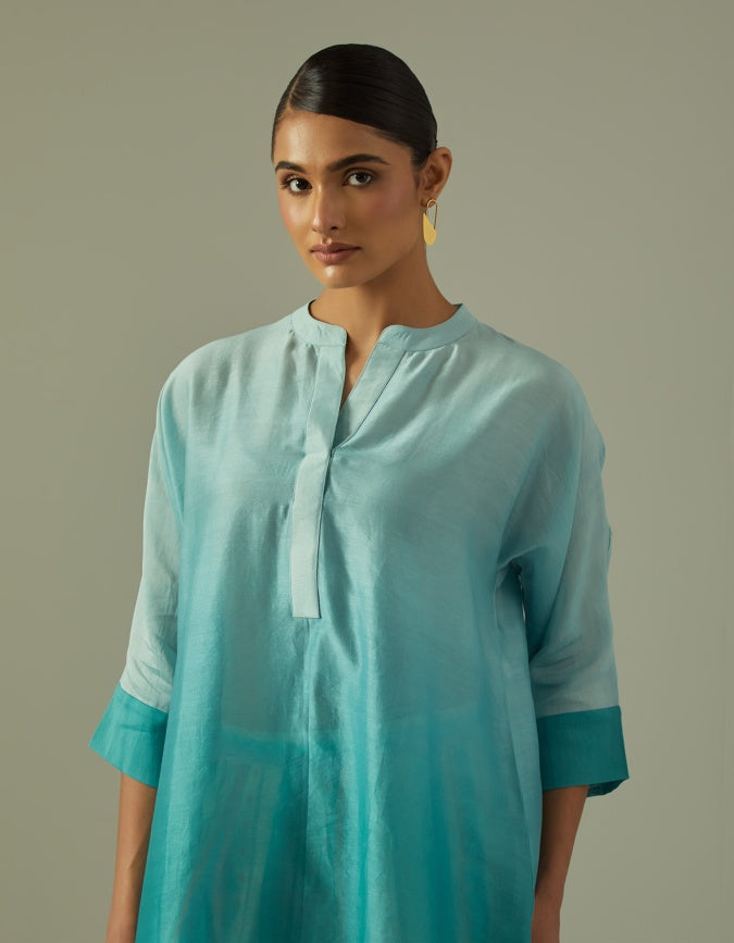 Powder Blue Chanderi dip dyed coord set with stripped pants (2 pc)