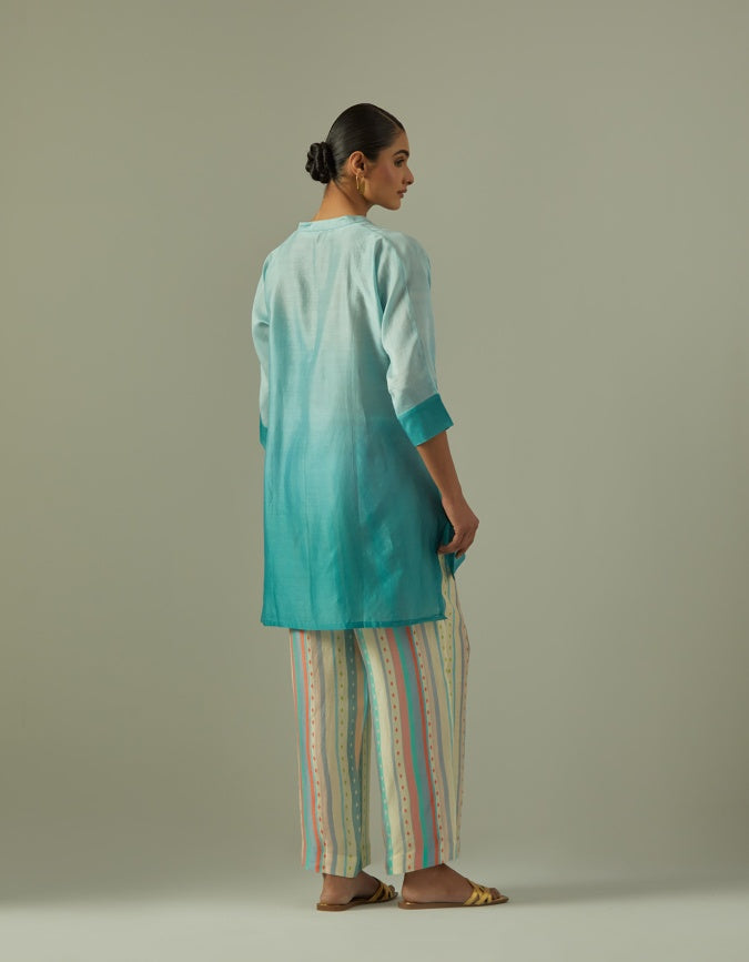 Powder Blue Chanderi dip dyed coord set with stripped pants (2 pc)