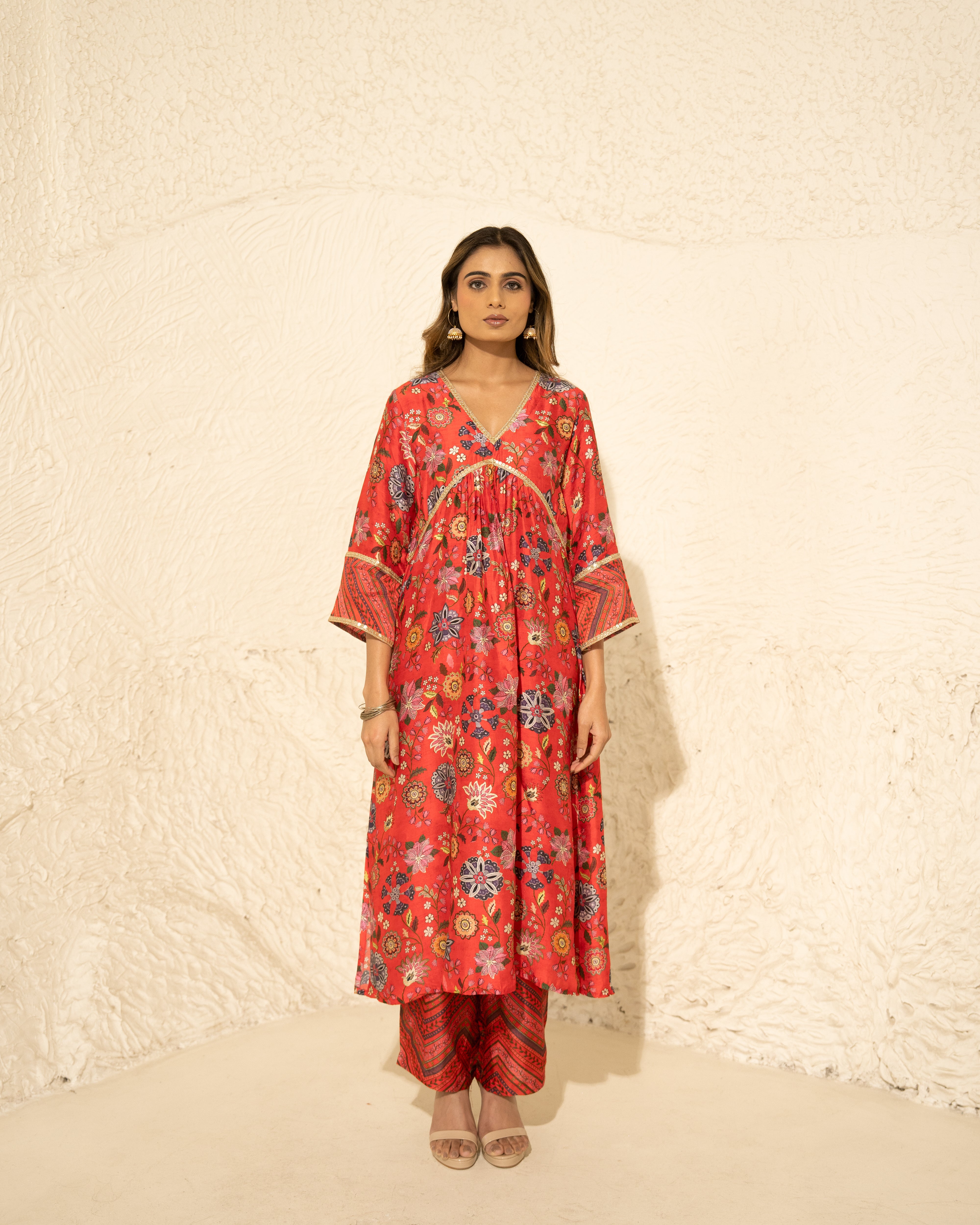 Red Kalamkari Gathering Ghera Royal Floral Print set (3 pc)