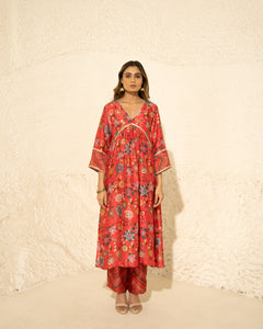 Red Kalamkari Gathering Ghera Royal Floral Print set (3 pc)