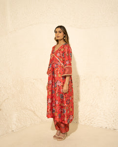 Red Kalamkari Gathering Ghera Royal Floral Print set (3 pc)