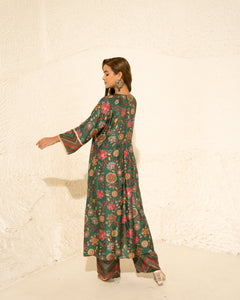 Green Kalamkari Gathering Ghera Royal Floral Print set (3 pc)