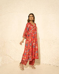 Red Kalamkari Gathering Ghera Royal Floral Print set (3 pc)