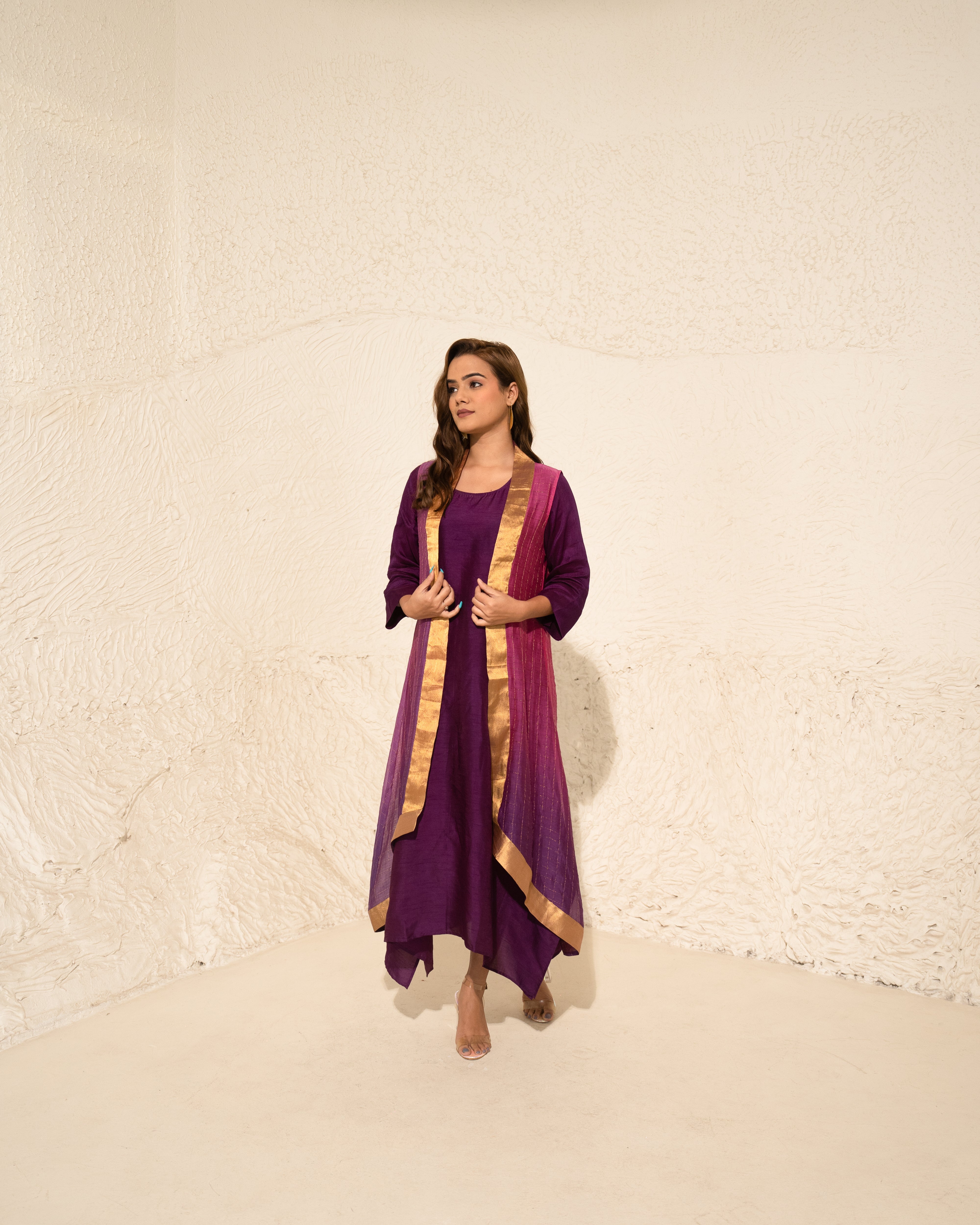 Brinjal Burgundy Silk Kurta With Hand Woven Tissue Cape (2 pc)