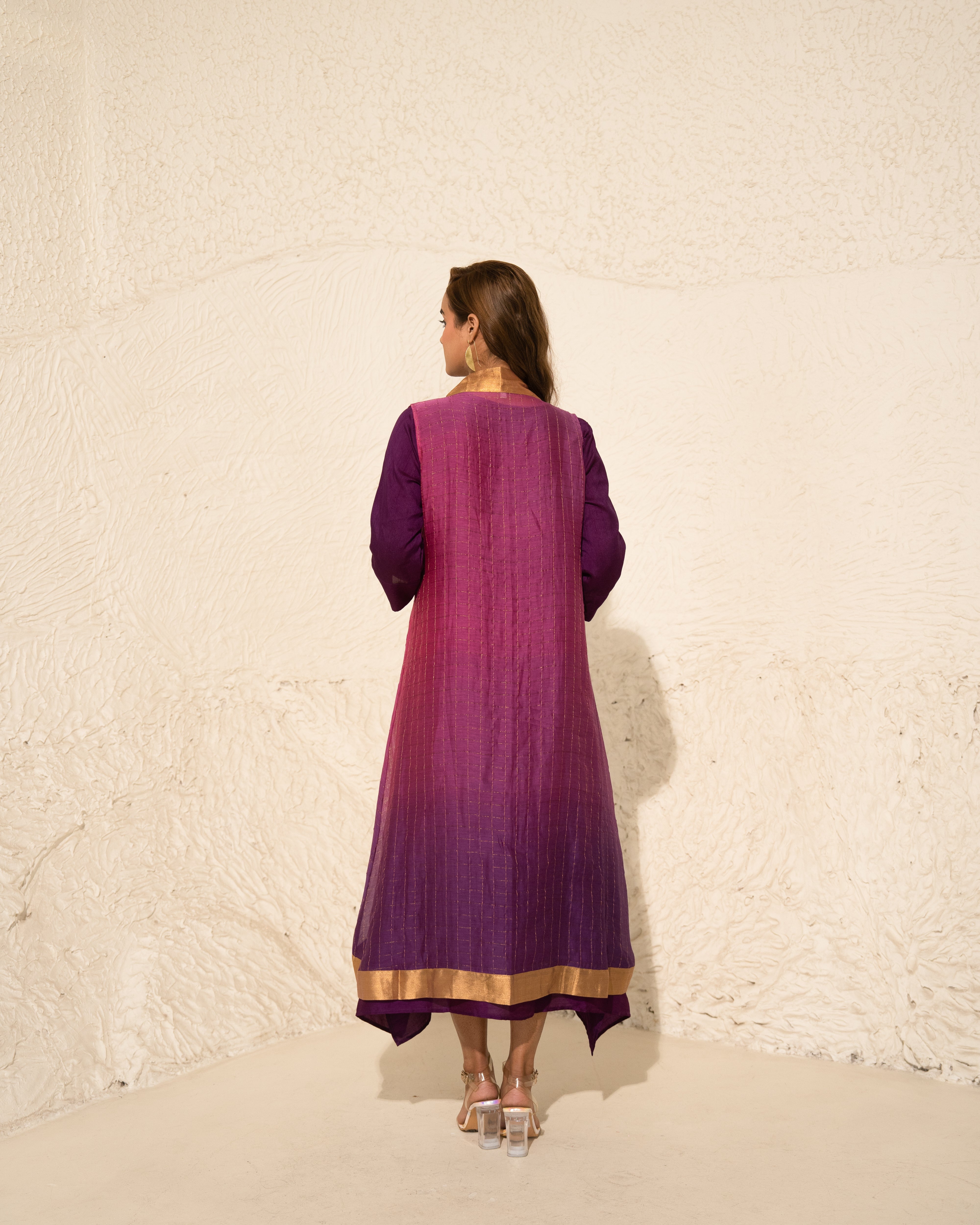 Brinjal Burgundy Silk Kurta With Hand Woven Tissue Cape (2 pc)