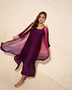 Brinjal Burgundy Silk Kurta With Hand Woven Tissue Cape (2 pc)