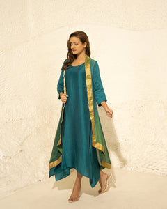 Green Blue Silk Kurta With Hand Woven Tissue Cape (2 pc)