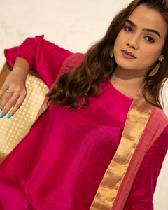 Fuschia Red Silk Kurta With Hand Woven Tissue Cape (2 pc)
