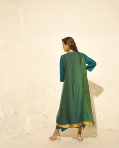 Green Blue Silk Kurta With Hand Woven Tissue Cape (2 pc)