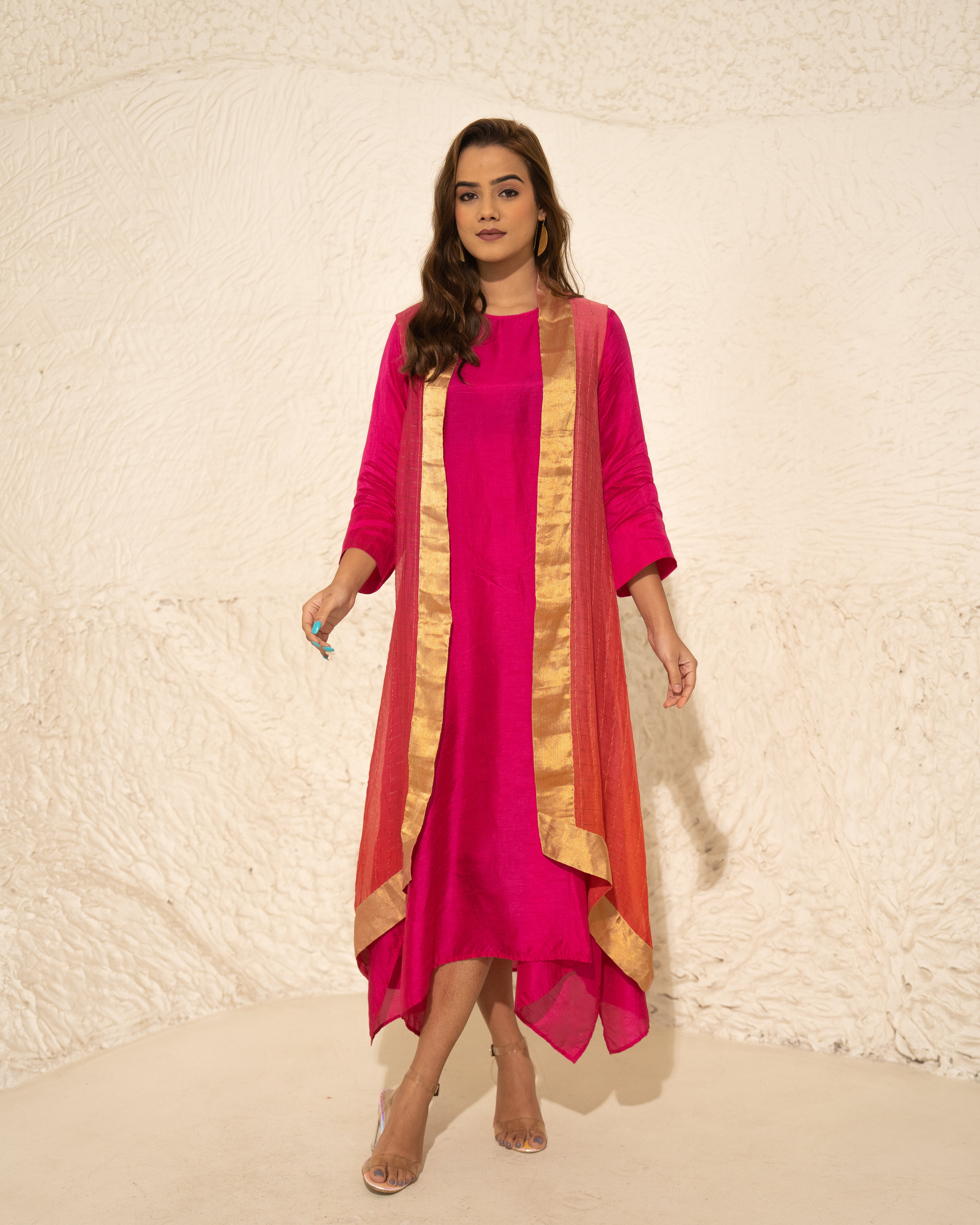 Fuschia Red Silk Kurta With Hand Woven Tissue Cape (2 pc)
