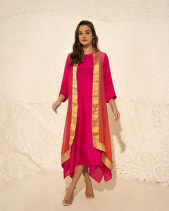Fuschia Red Silk Kurta With Hand Woven Tissue Cape (2 pc)