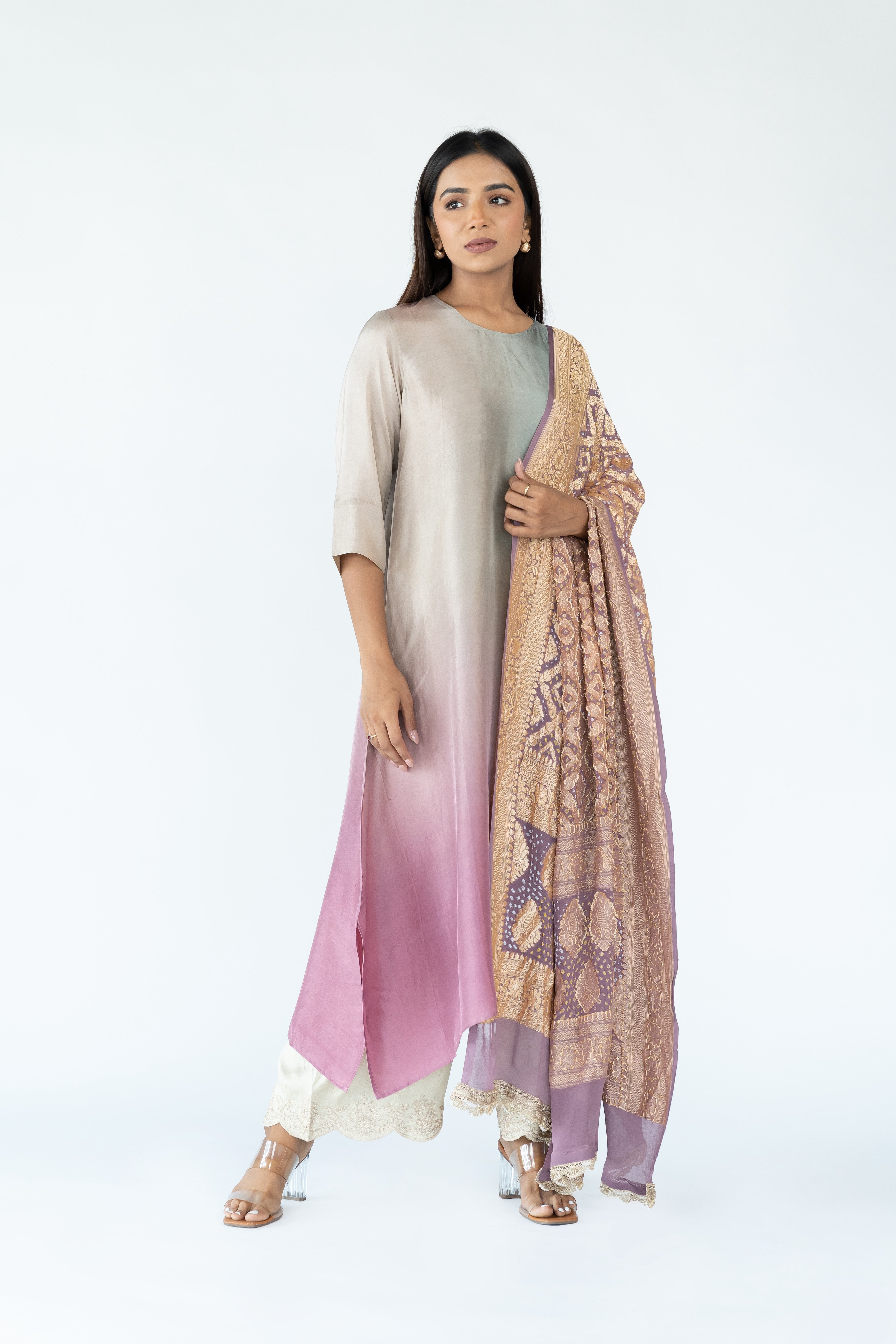 Sage Green Mauve Ombre Kurta with heavy Banarasi Bandhej Dupatta