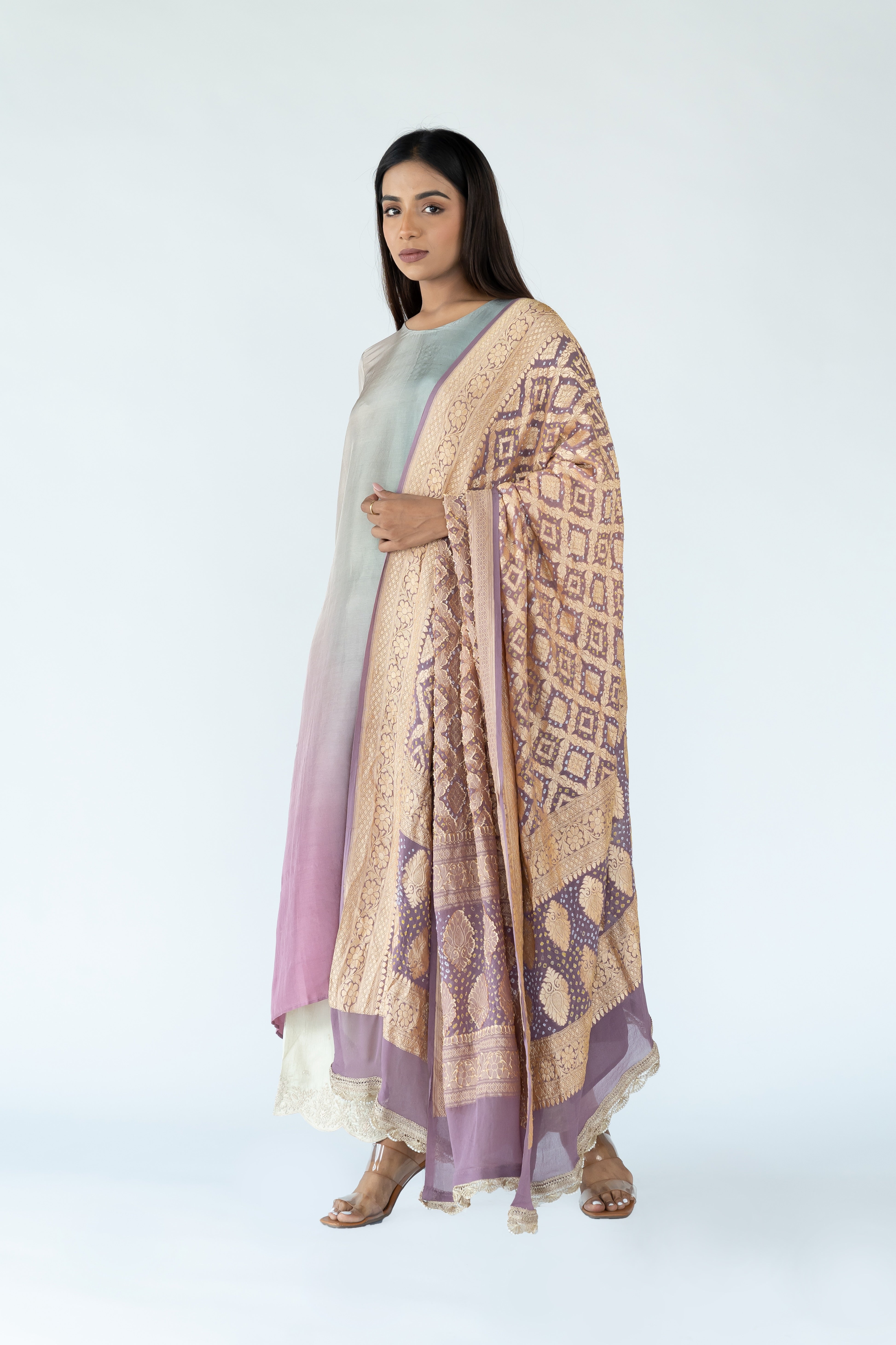 Sage Green Mauve Ombre Kurta with heavy Banarasi Bandhej Dupatta