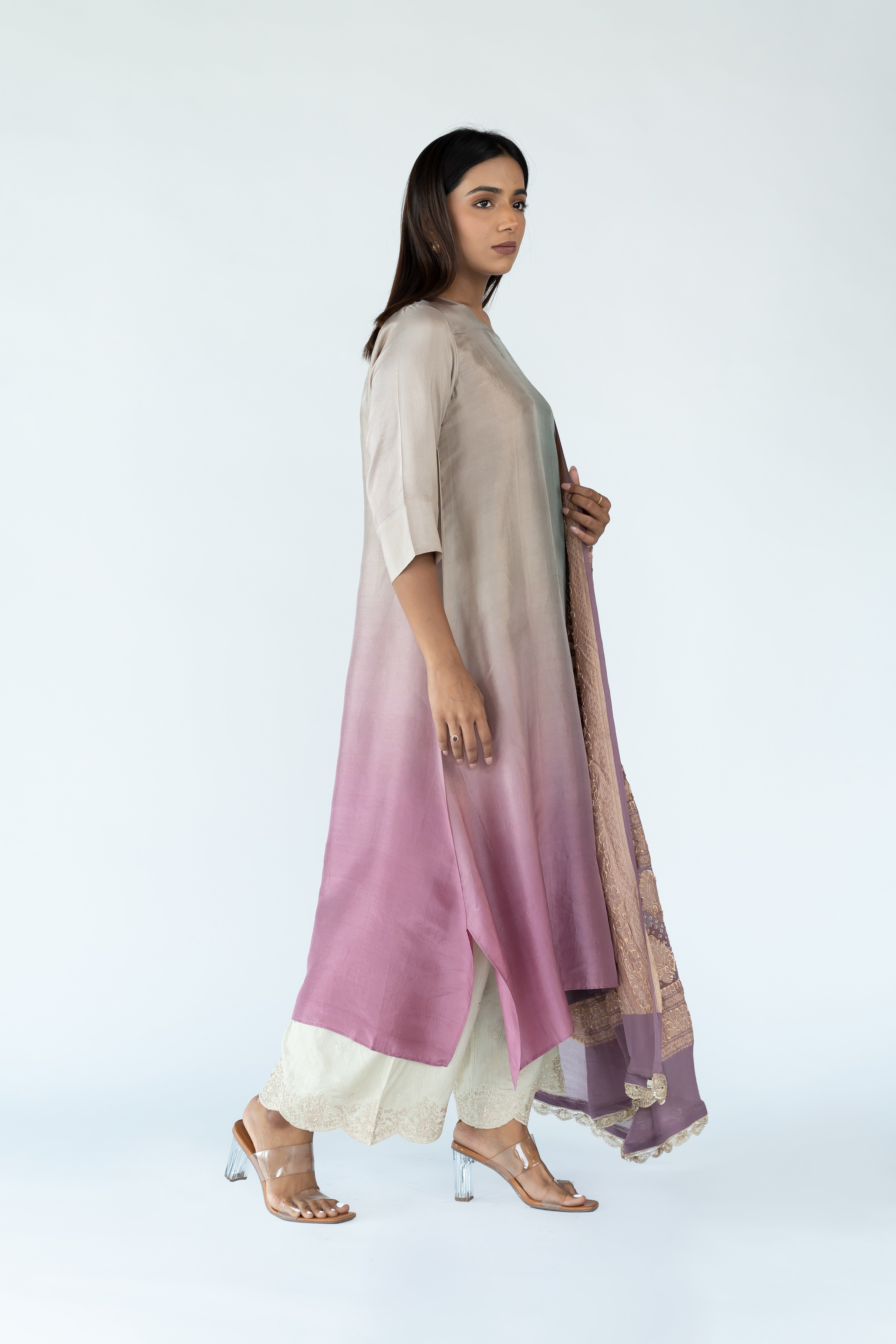 Sage Green Mauve Ombre Kurta with heavy Banarasi Bandhej Dupatta