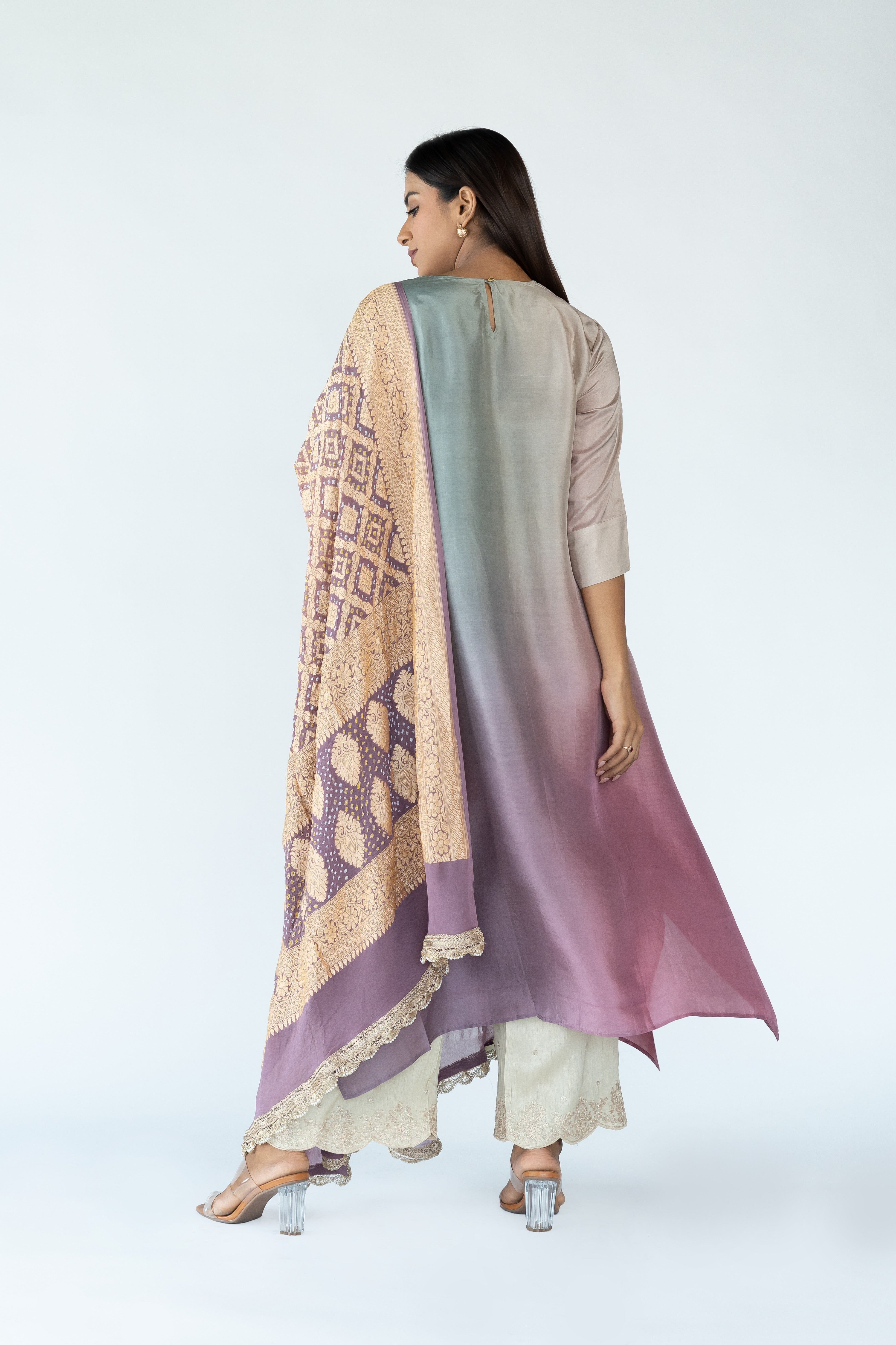 Sage Green Mauve Ombre Kurta with heavy Banarasi Bandhej Dupatta