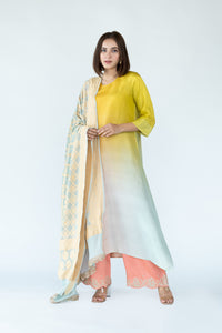 Yellow Peach Green Ombre Kurta with heavy Banarasi Bandhej Dupatta