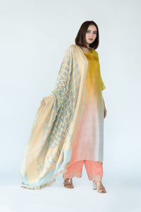 Yellow Peach Green Ombre Kurta with heavy Banarasi Bandhej Dupatta