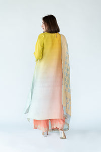 Yellow Peach Green Ombre Kurta with heavy Banarasi Bandhej Dupatta