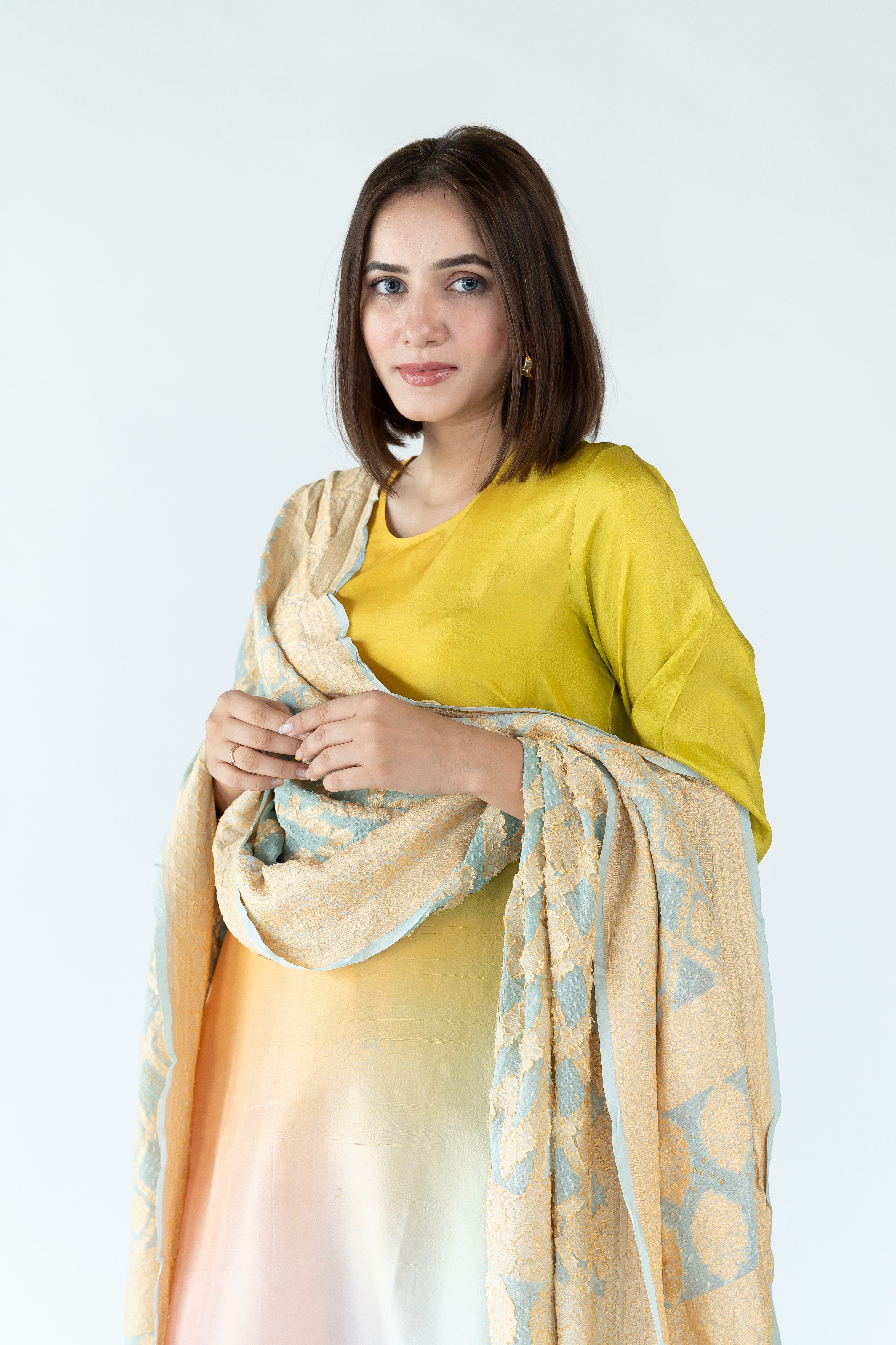 Yellow Peach Green Ombre Kurta with heavy Banarasi Bandhej Dupatta