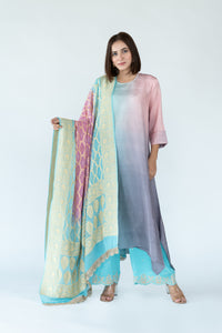 Blue Mauve Grey Ombre Kurta with heavy Banarasi Bandhej Dupatta