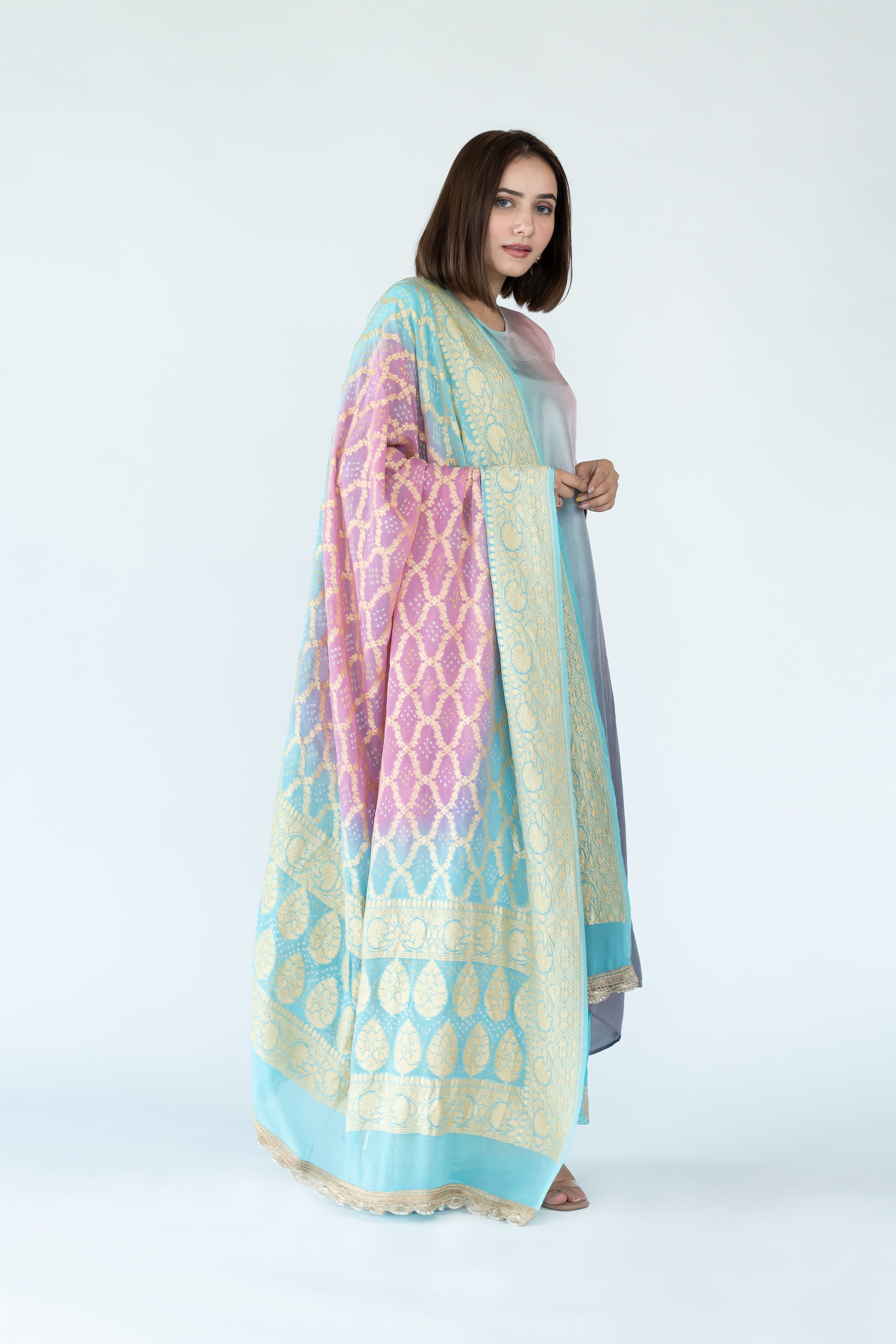 Blue Mauve Grey Ombre Kurta with heavy Banarasi Bandhej Dupatta