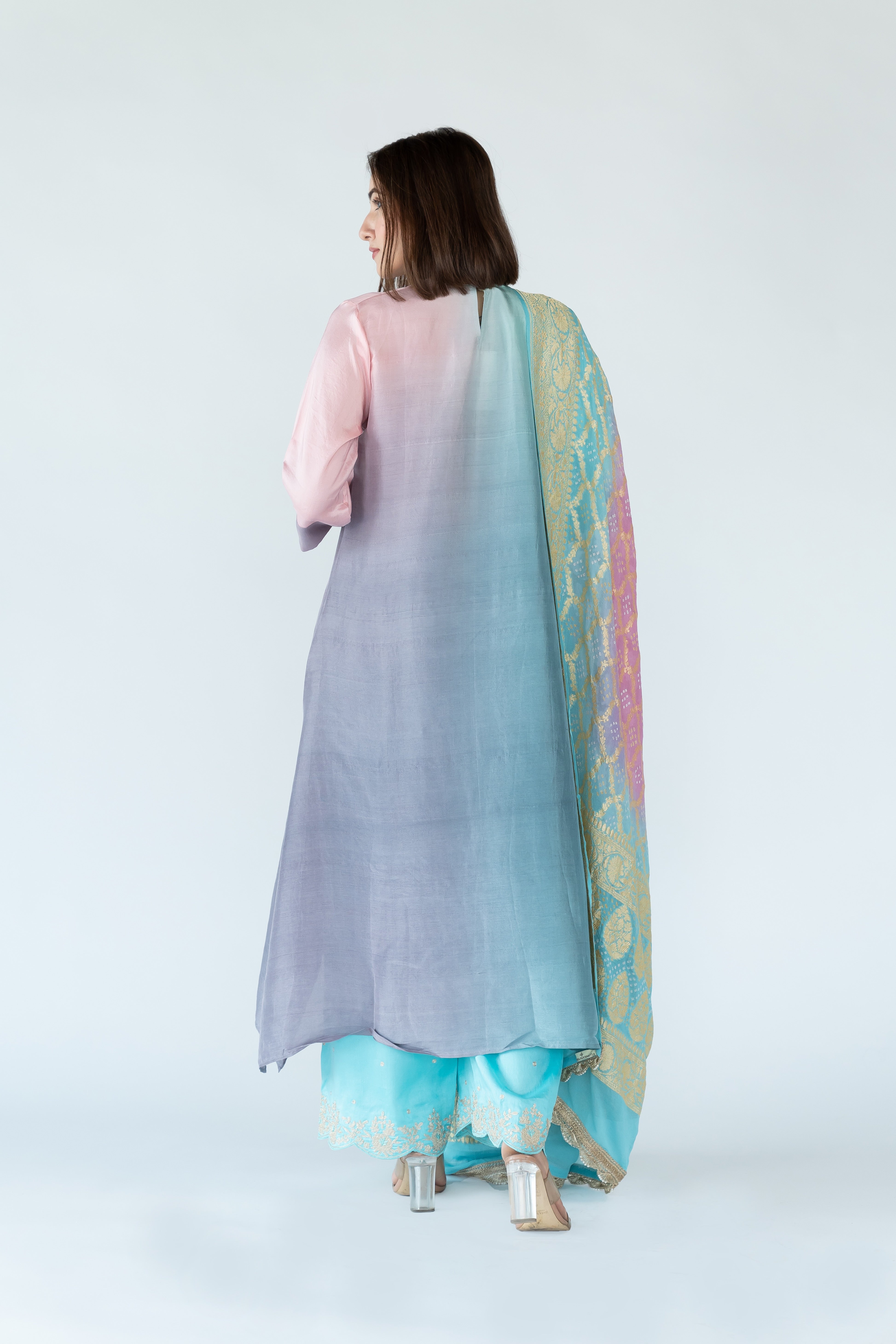 Blue Mauve Grey Ombre Kurta with heavy Banarasi Bandhej Dupatta