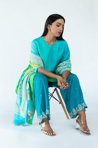 Turquoise Blue Embroidered Scallop Pants