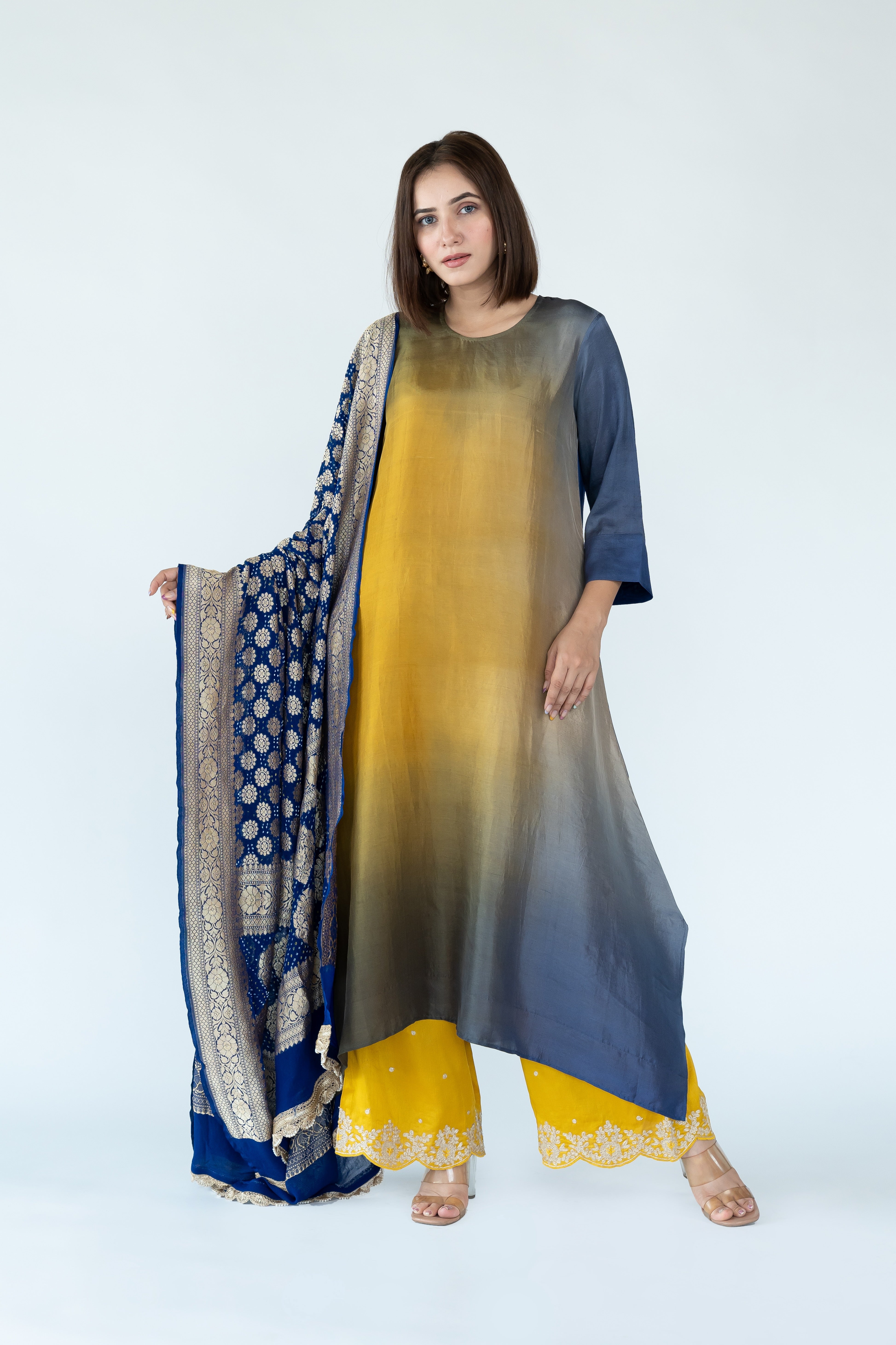 Yellow Royal Ombre Kurta with heavy Banarasi Bandhej Dupatta