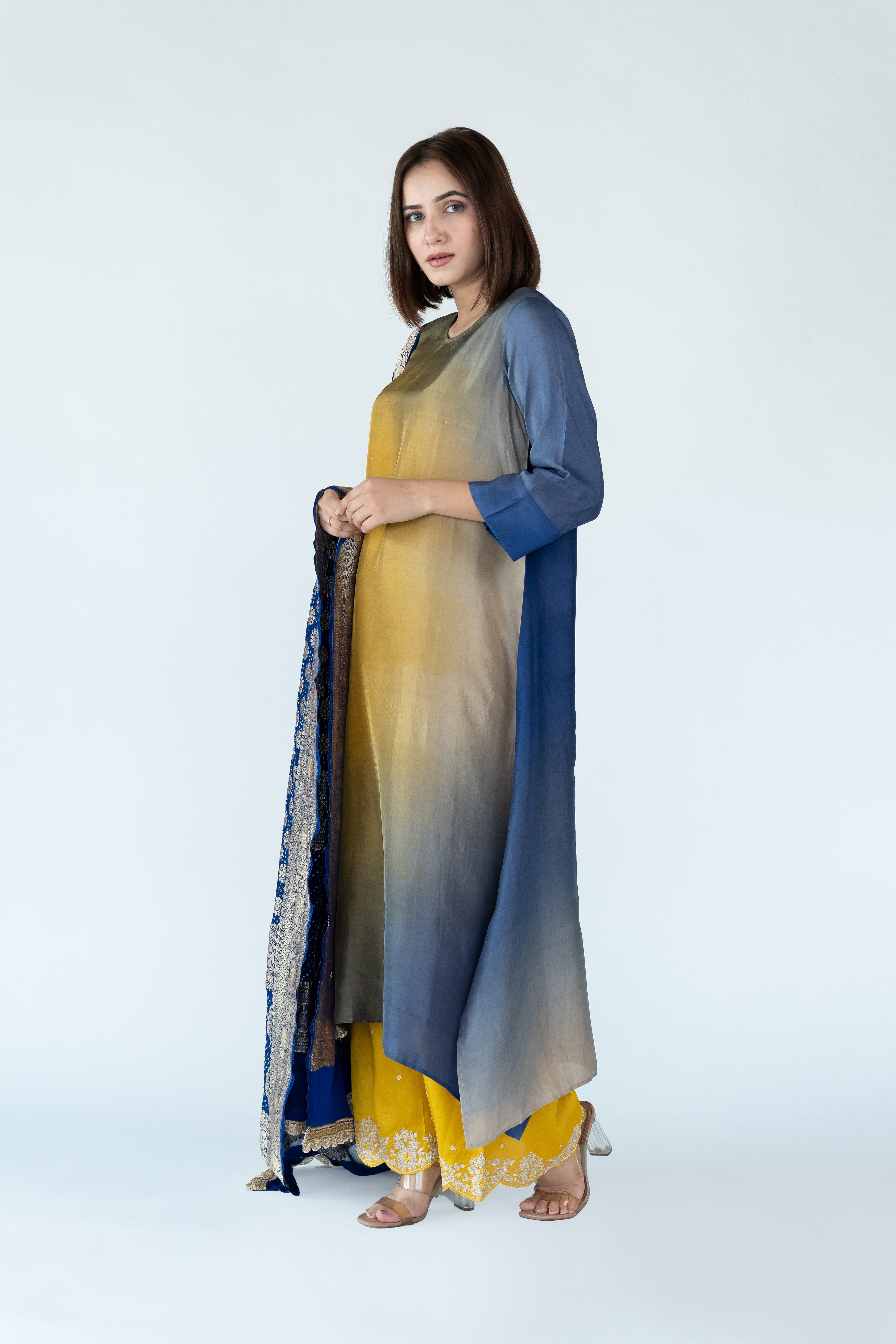 Yellow Royal Ombre Kurta with heavy Banarasi Bandhej Dupatta