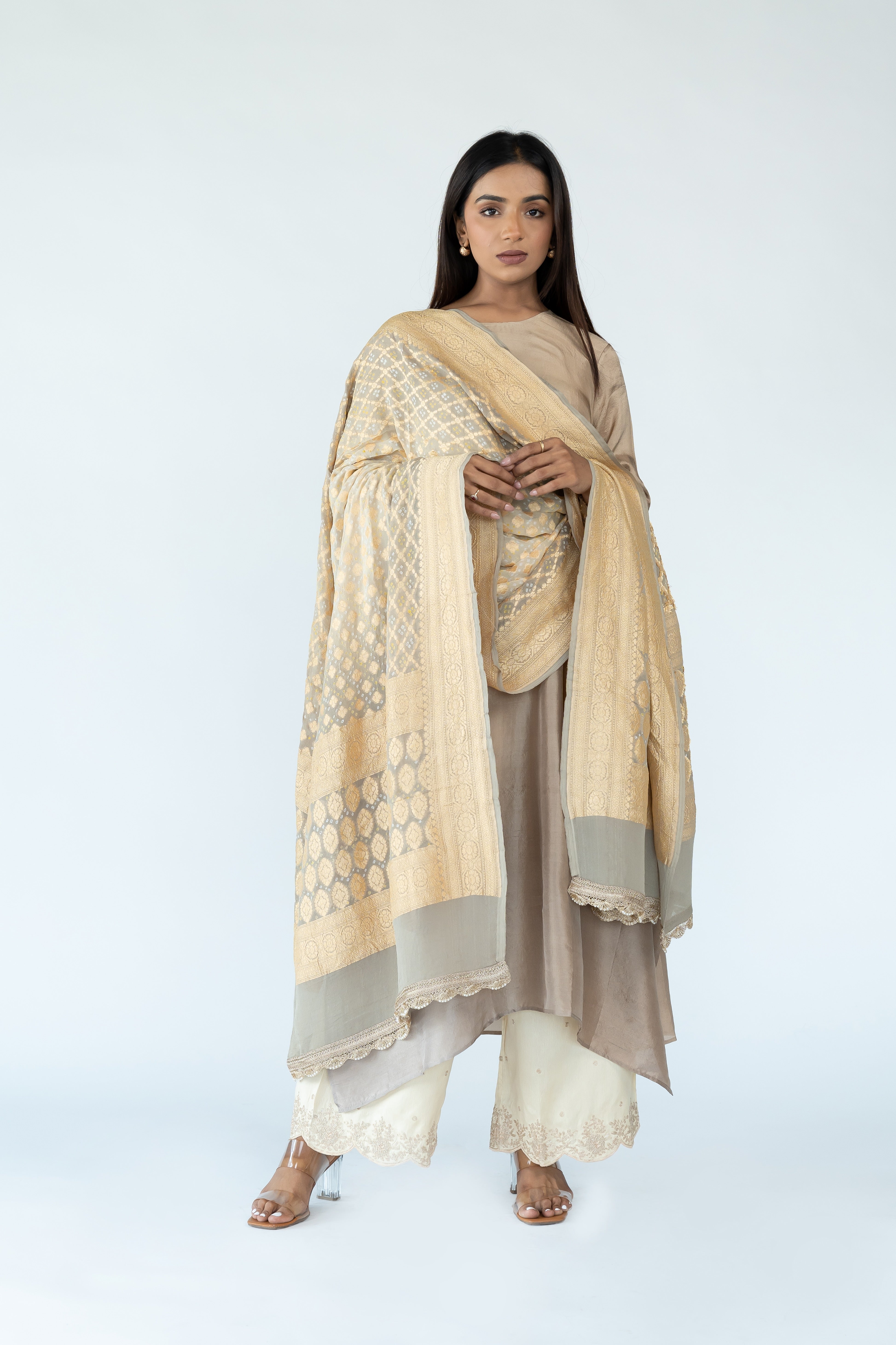 Dark Ivory Ombre Kurta with heavy Banarasi Bandhej Dupatta