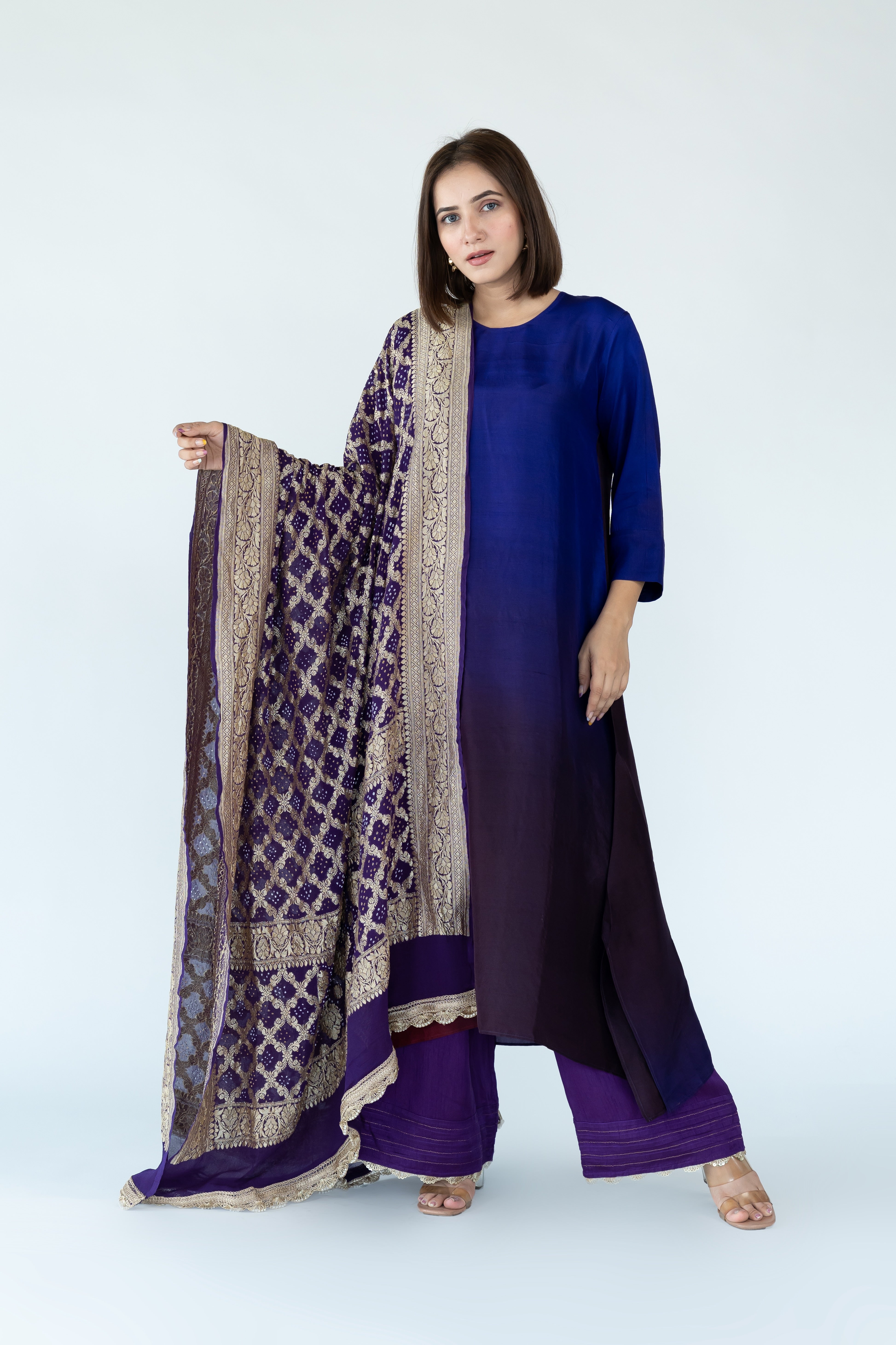 Dark Purple Ombre Kurta with heavy Banarasi Bandhej Dupatta