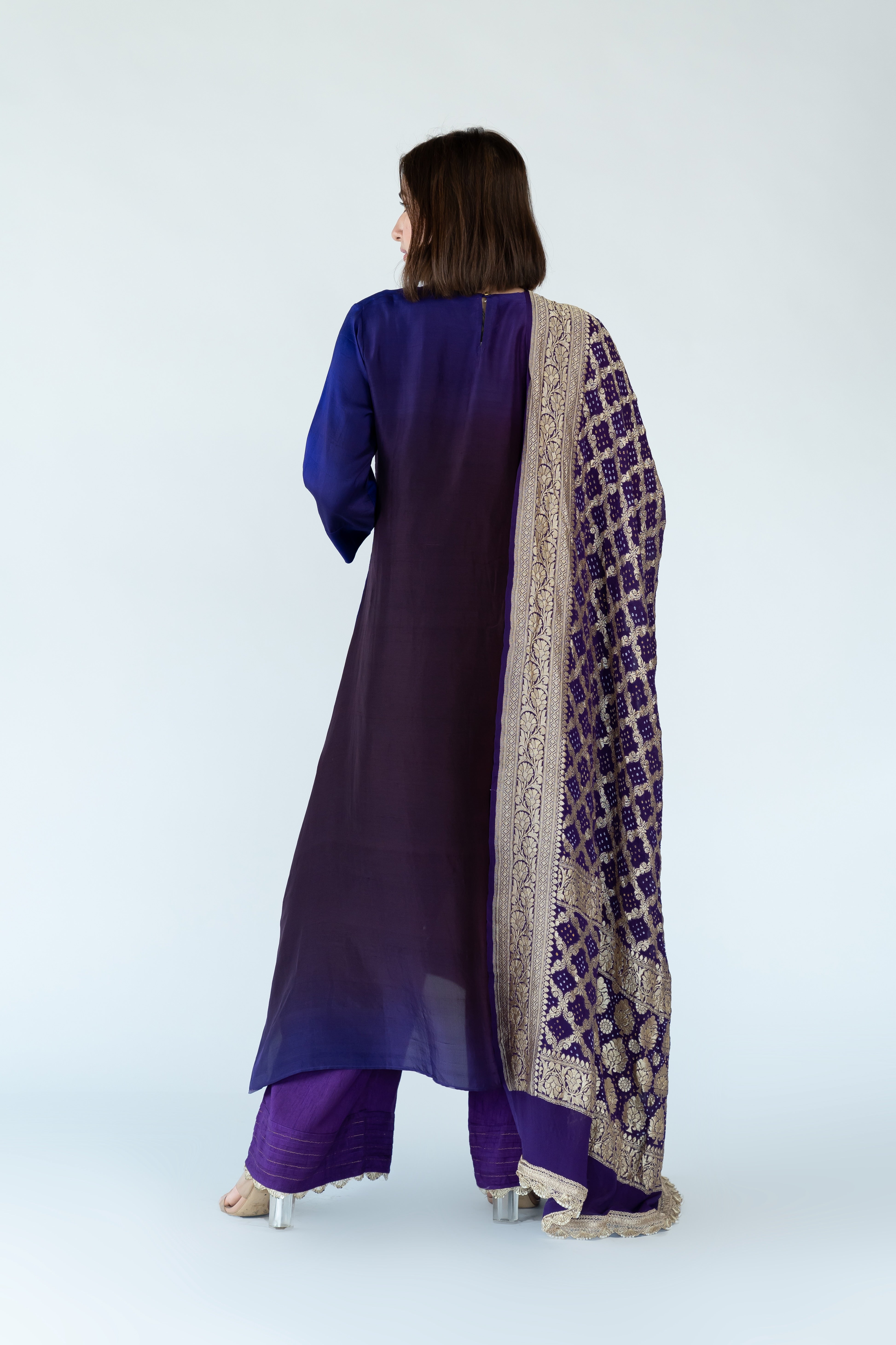 Dark Purple Ombre Kurta with heavy Banarasi Bandhej Dupatta