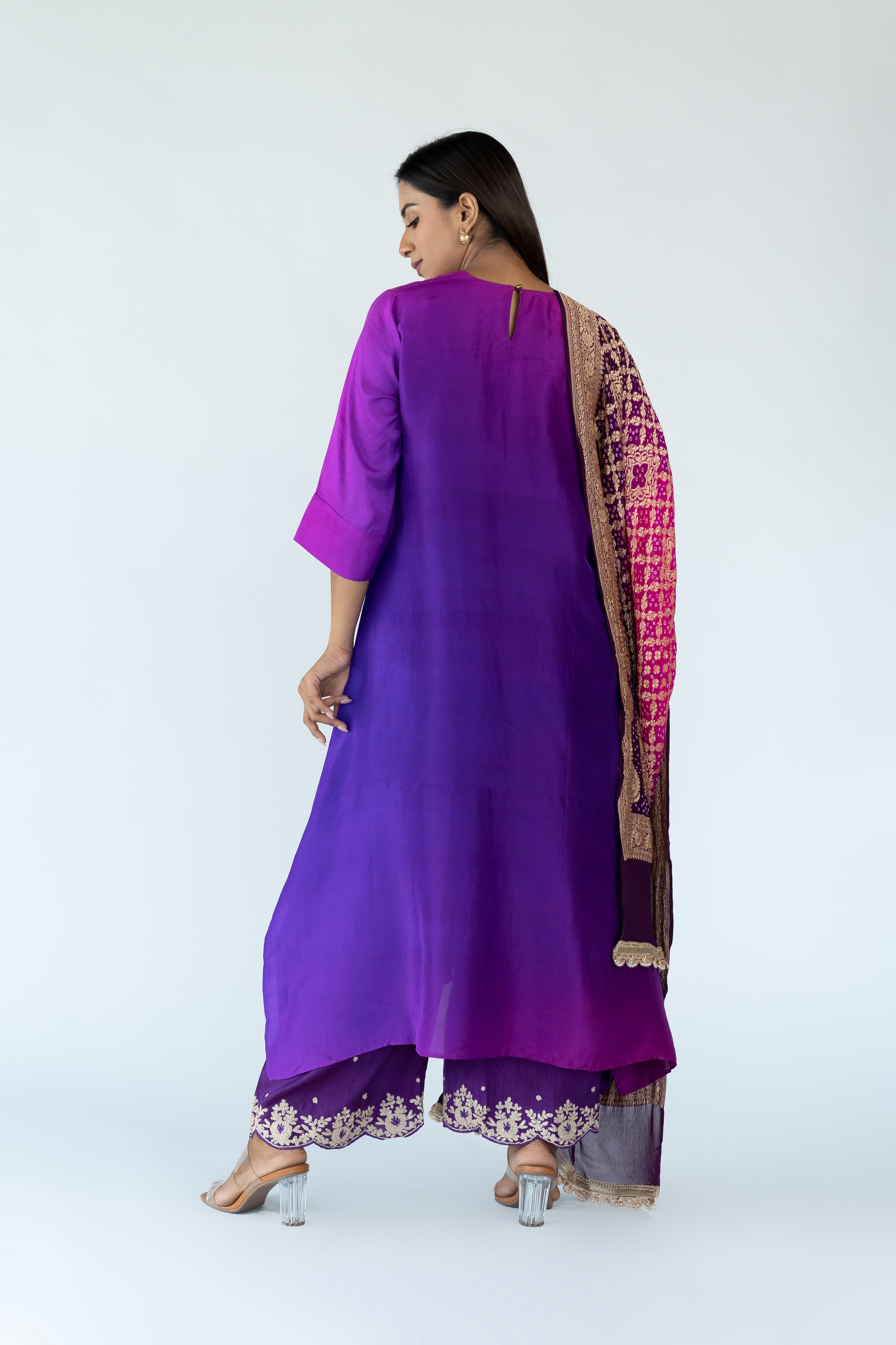 Brinjal Burgundy Ombre Kurta with heavy Banarasi Bandhej Dupatta