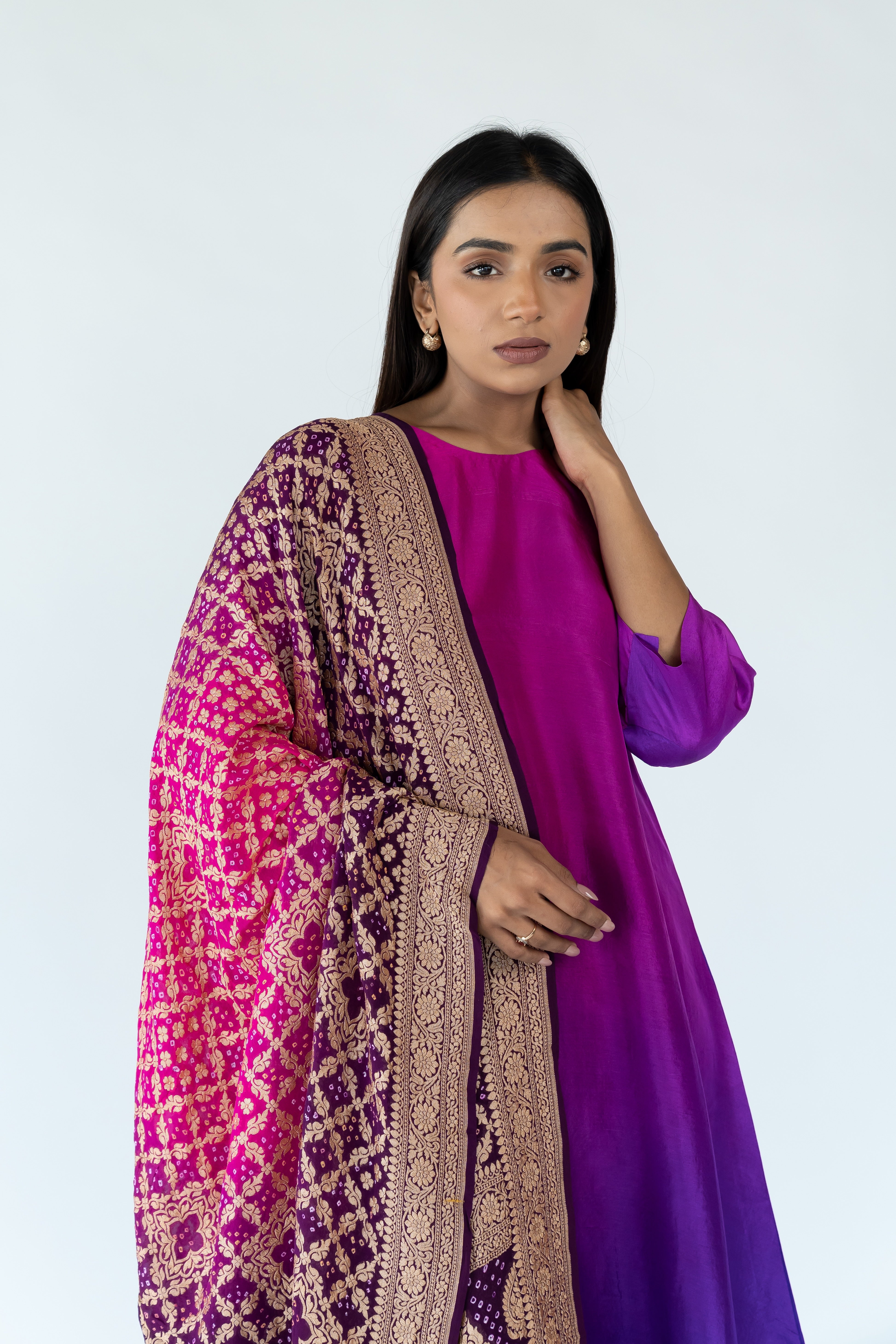 Brinjal Burgundy Ombre Kurta with heavy Banarasi Bandhej Dupatta