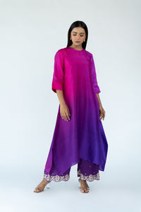 Brinjal Burgundy Ombre Kurta with heavy Banarasi Bandhej Dupatta