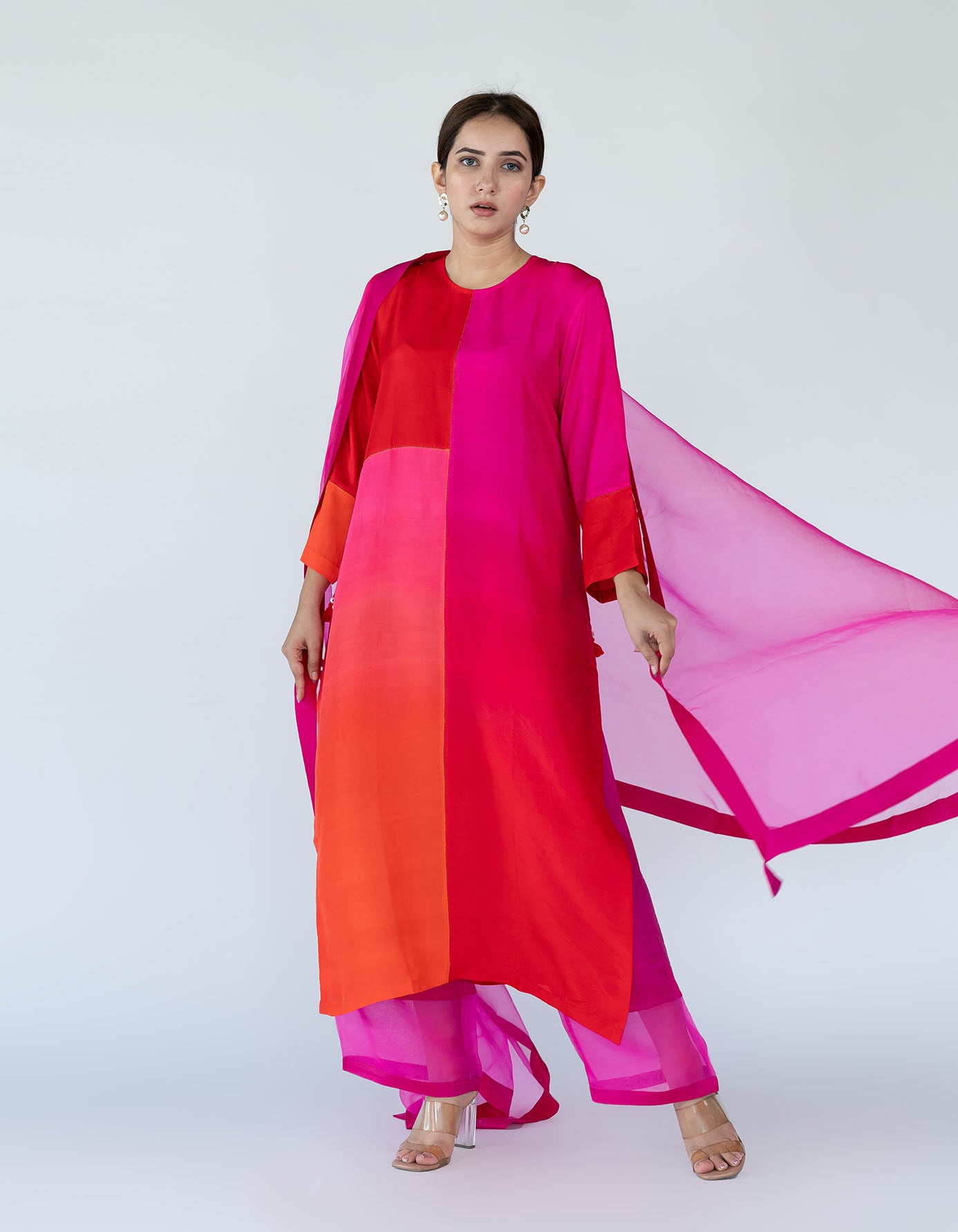 Fuschia Red Ombre color blocked kurta with silk pants, organza detailing and  pure silk organza dupatta