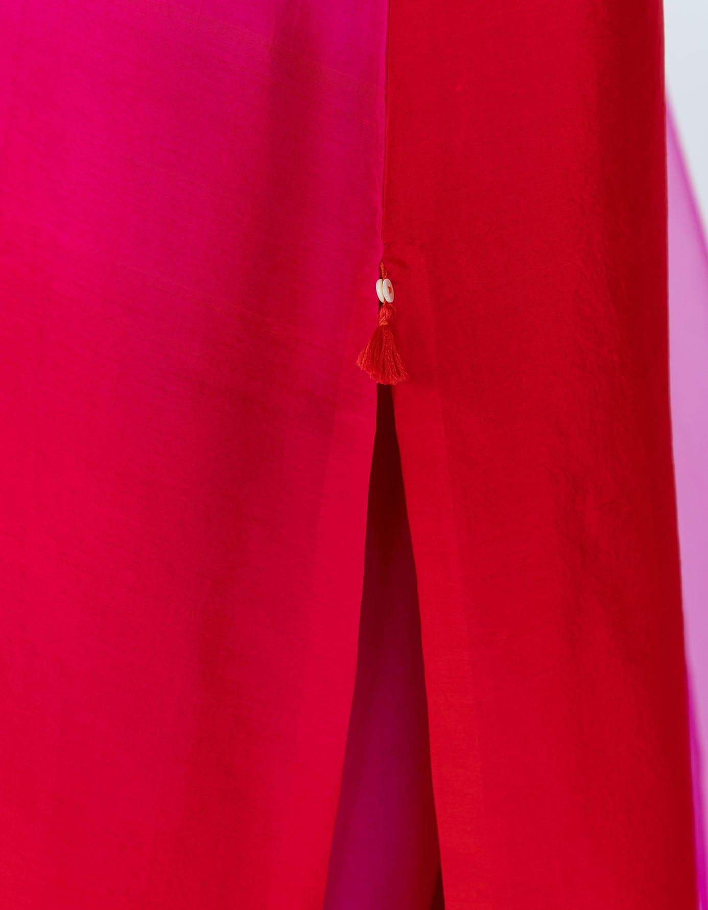 Fuschia Red Ombre color blocked kurta with silk pants, organza detailing and  pure silk organza dupatta