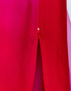 Fuschia Red Ombre color blocked kurta with silk pants, organza detailing and  pure silk organza dupatta