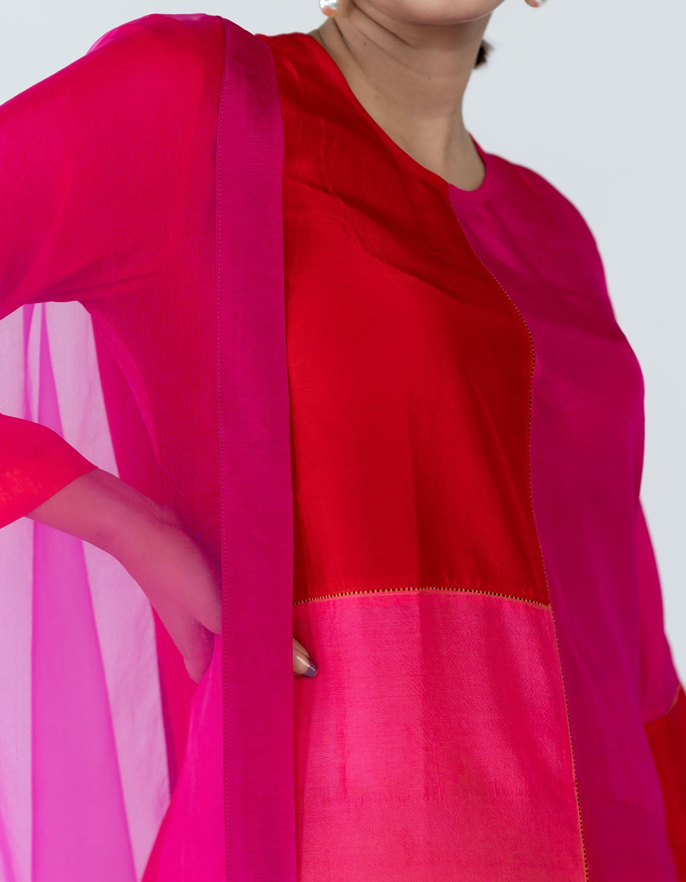 Fuschia Red Ombre color blocked kurta with silk pants, organza detailing and  pure silk organza dupatta