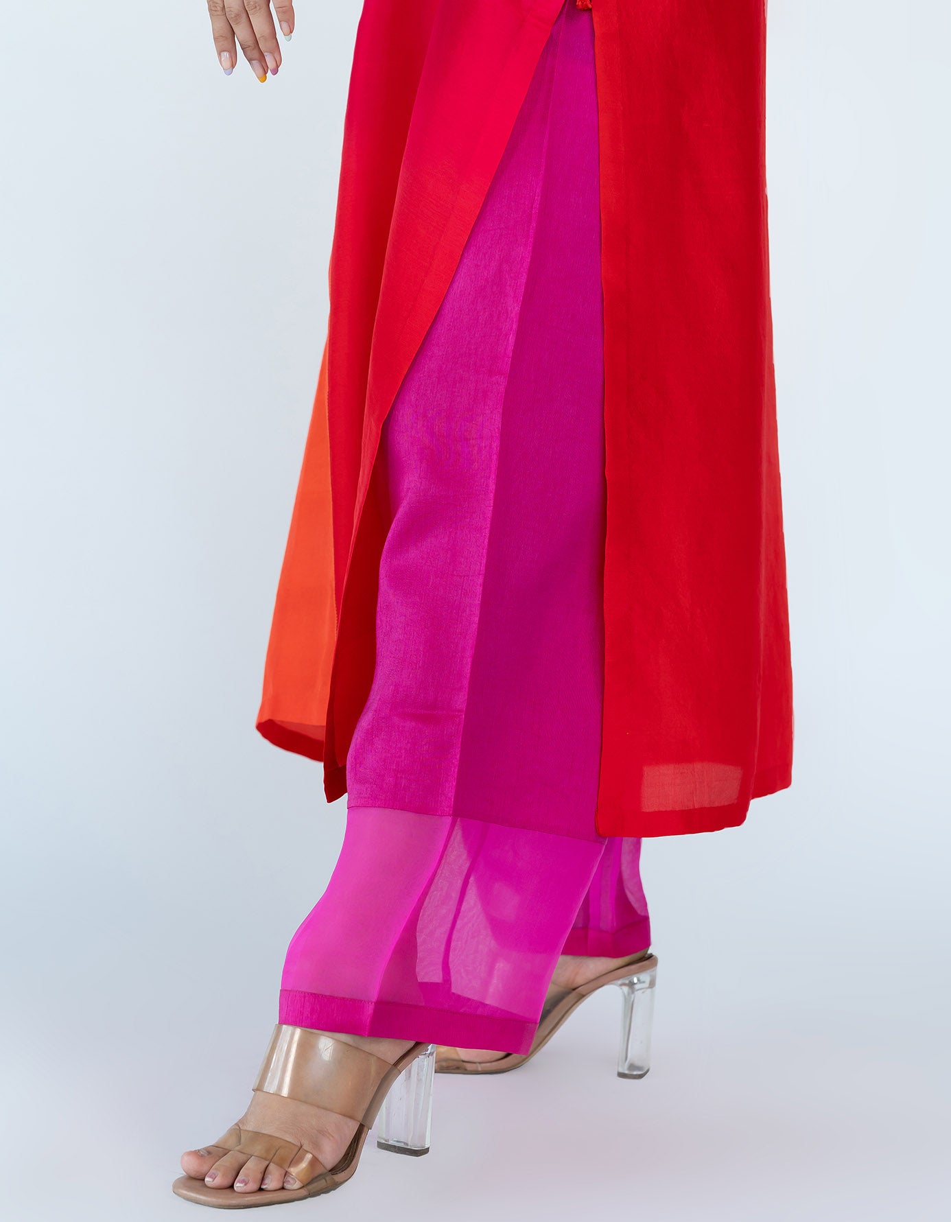 Fuschia Red Ombre color blocked kurta with silk pants, organza detailing and  pure silk organza dupatta