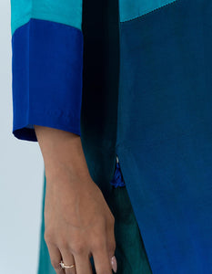 Green Blue Ombre color blocked kurta with silk pants, organza detailing and  pure silk organza dupatta