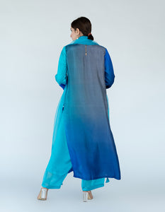 Firozi Grey Ombre color blocked kurta with silk pants, organza detailing and  pure silk organza dupatta