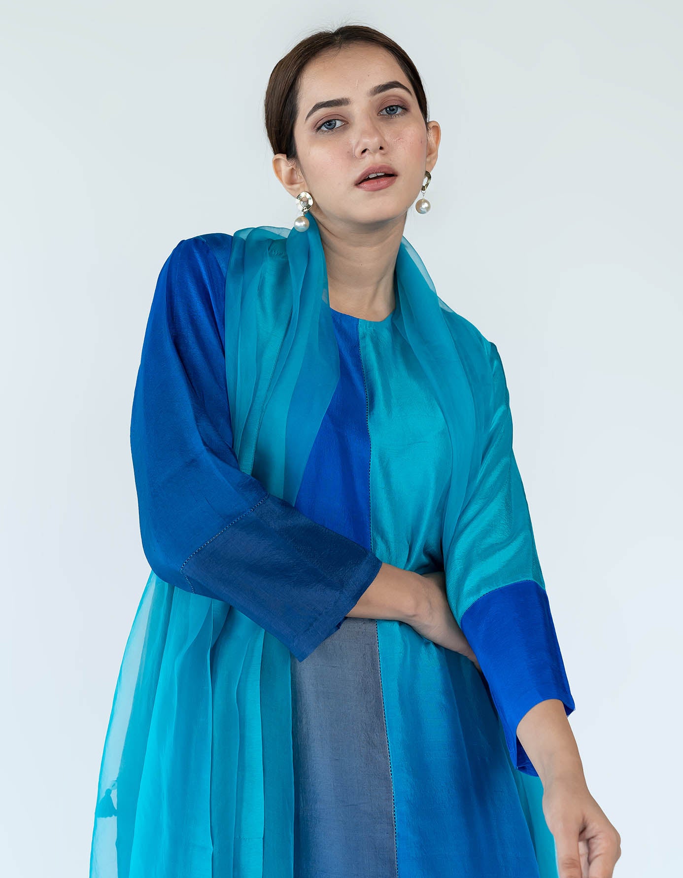 Firozi Grey Ombre color blocked kurta with silk pants, organza detailing and  pure silk organza dupatta